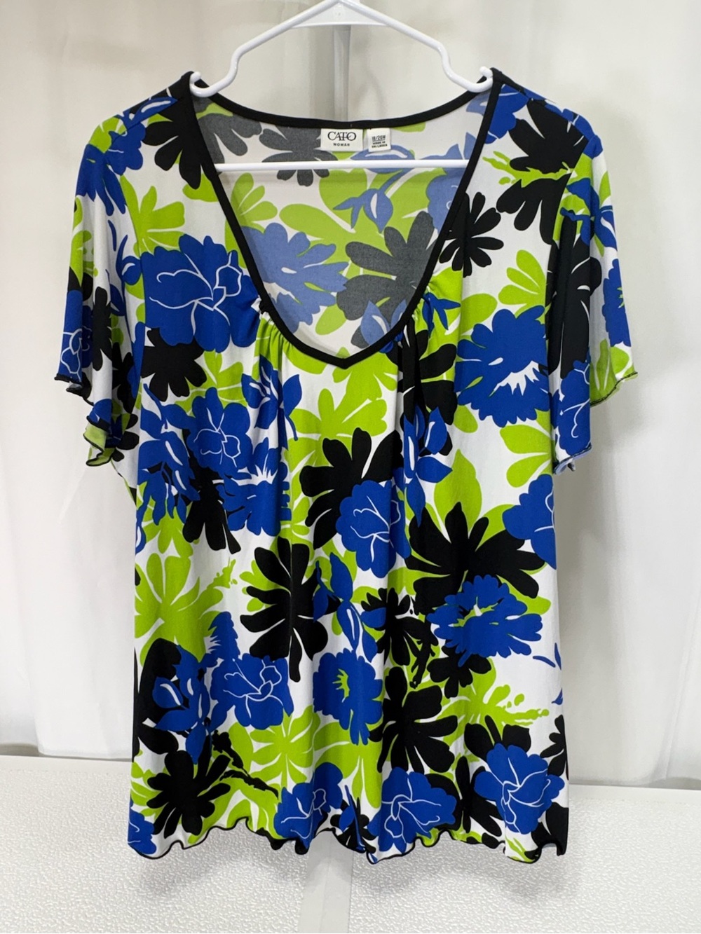 Cato Blue, Lime & Black Floral Scoop Neck Top with Flutter Sleeves 4202